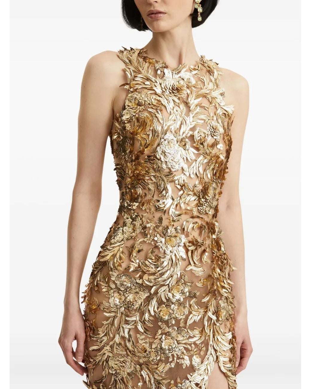 Oscar de la Renta Metallic Feather-Embellished Maxi Dress