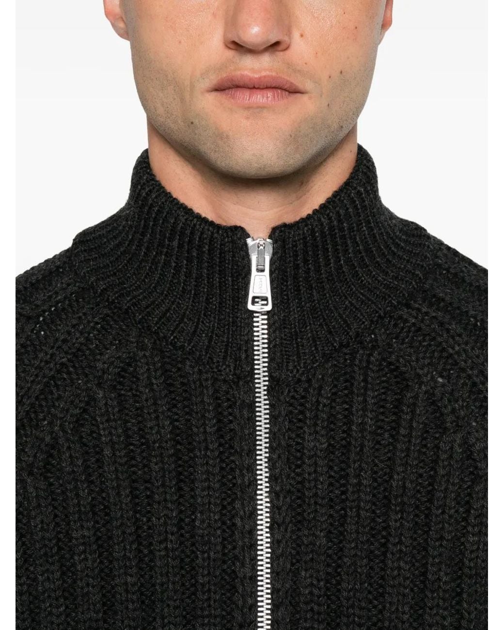 Our Legacy Black Ribbed-Knit Funnel-Neck Cardigan for men