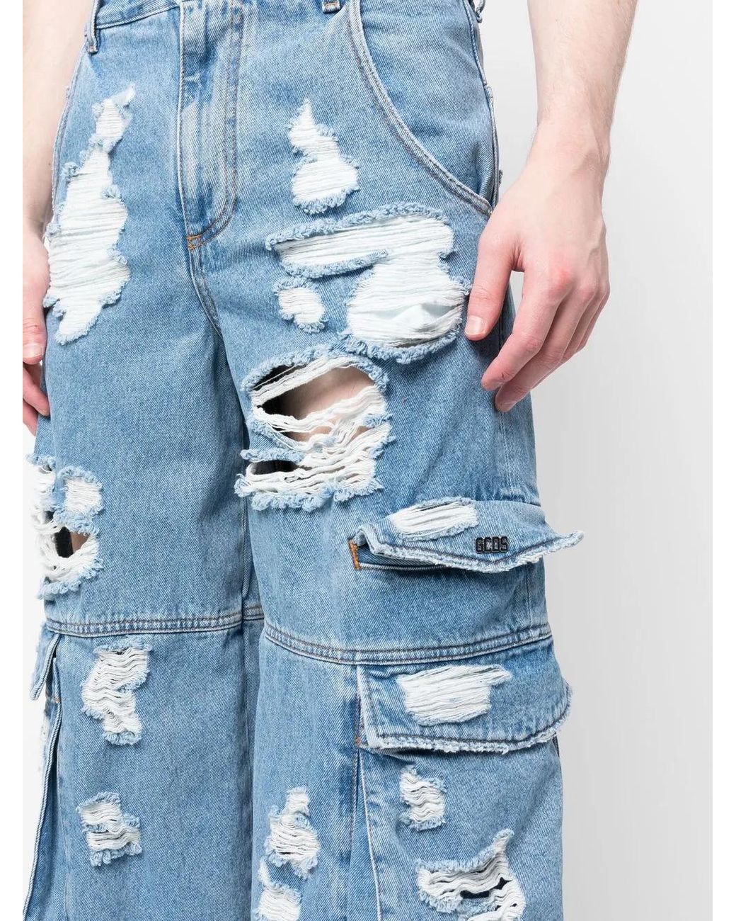 Gcds Blue Distressed Wide-Leg Jeans for men