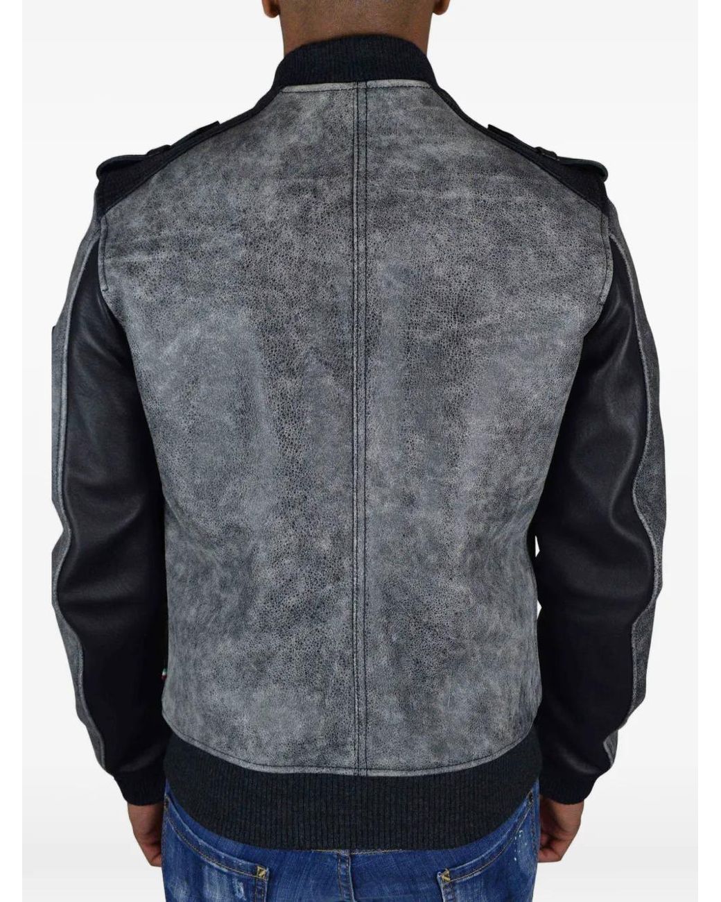 Philipp Plein Gray Logo Button Leather Jacket for men