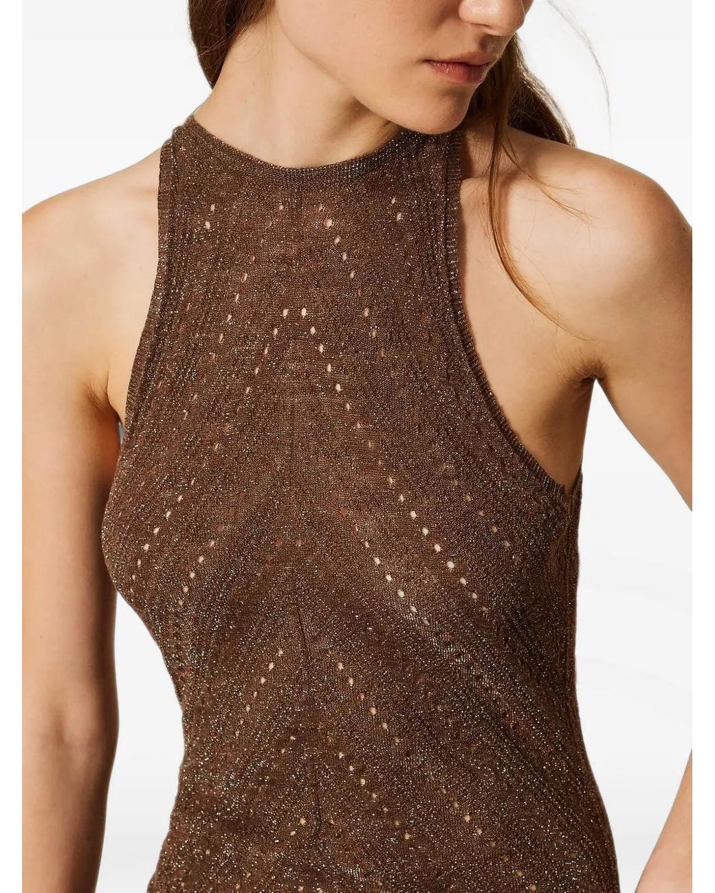 Twinset Brown Long Linen Knit Dress With Lurex