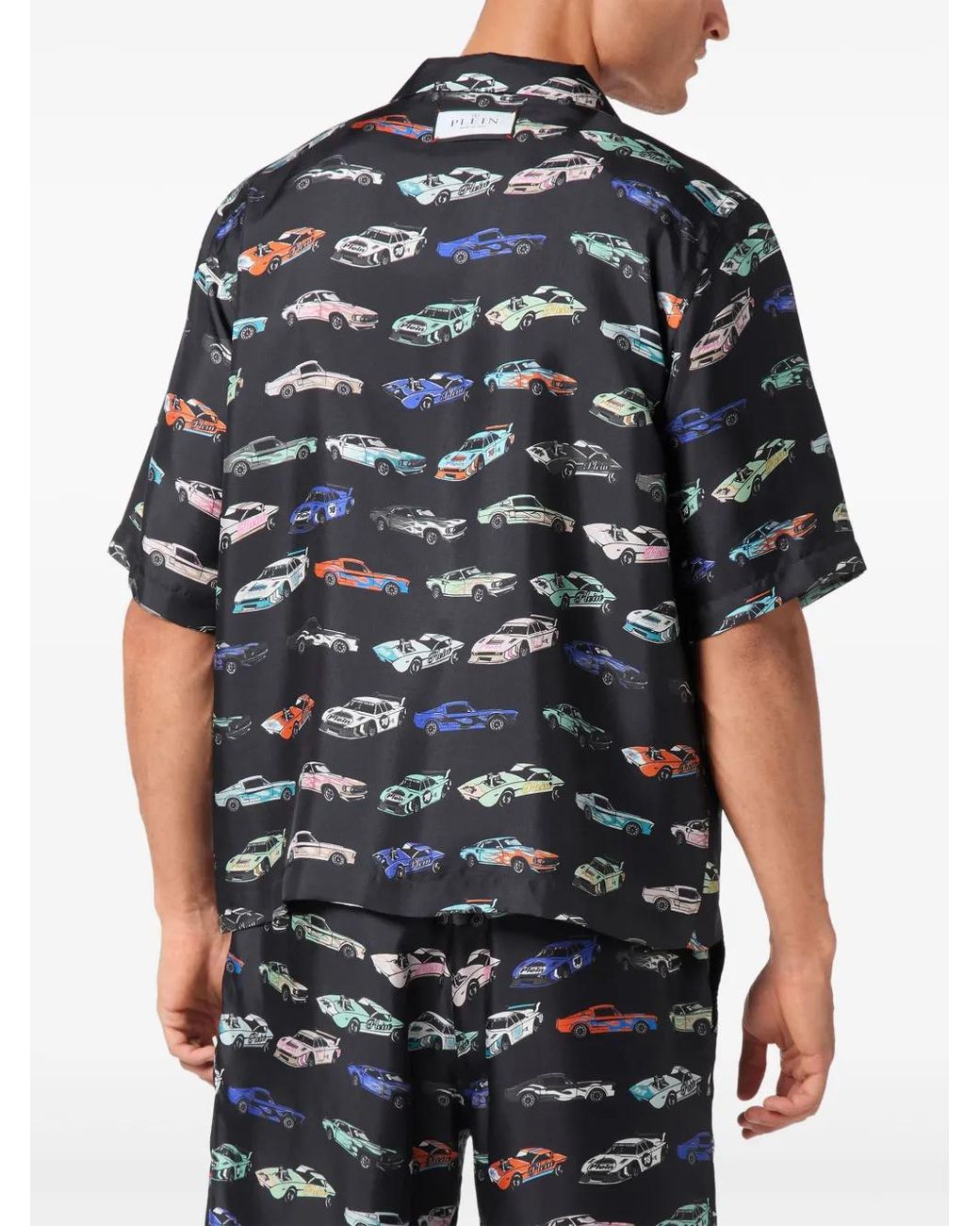 Philipp Plein Blue Silk Bowling Shirt Ss Cars Racing for men