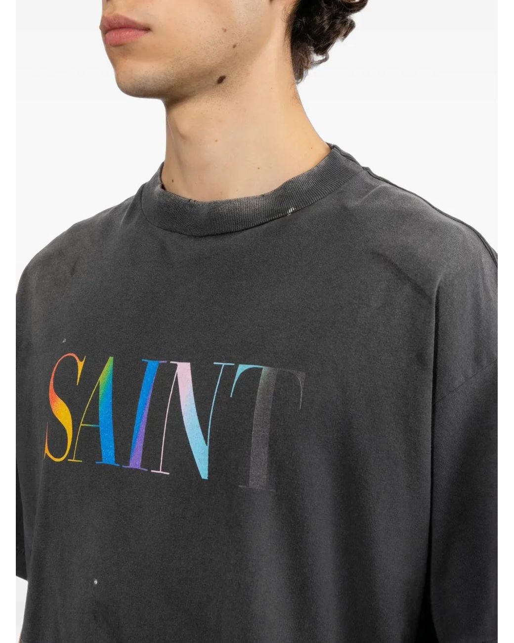 SAINT Mxxxxxx Black Logo-Print Distressed T-Shirt for men