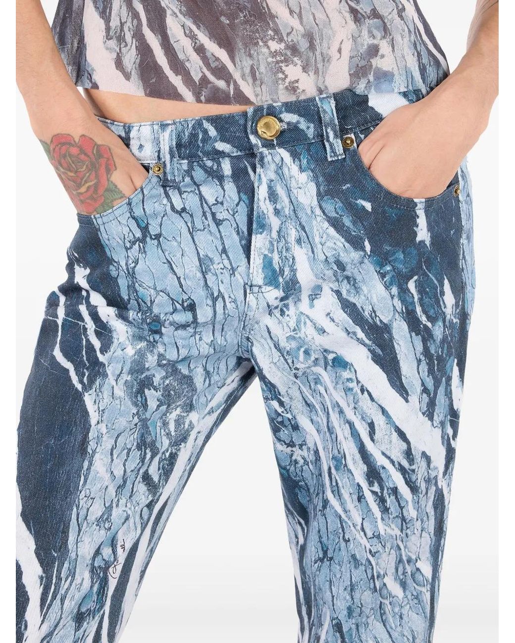 Roberto Cavalli Blue Marble-Print Straight-Leg Jeans