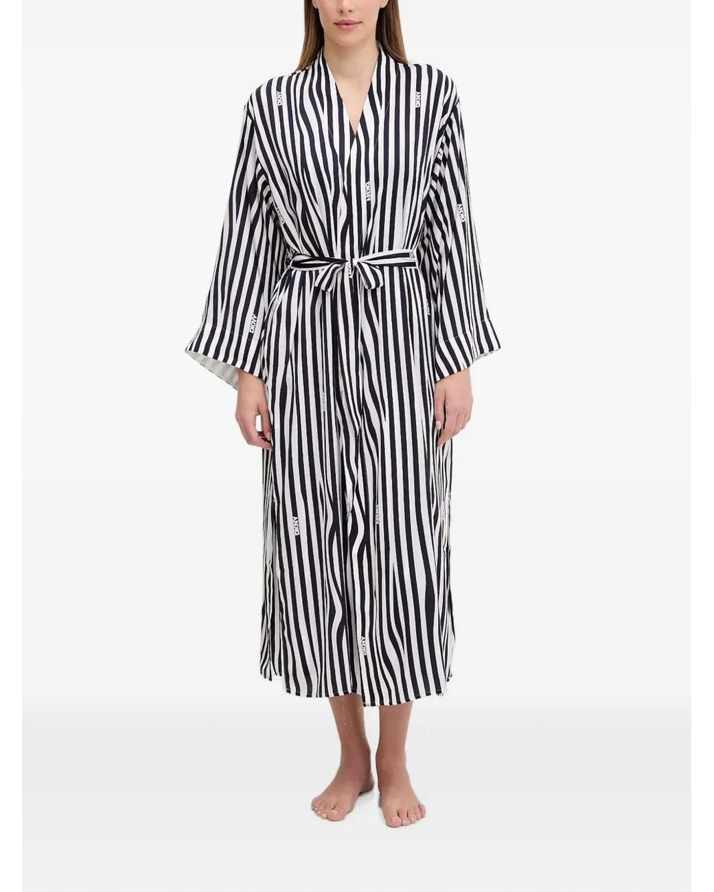 DKNY White Striped Logo-Print Robe