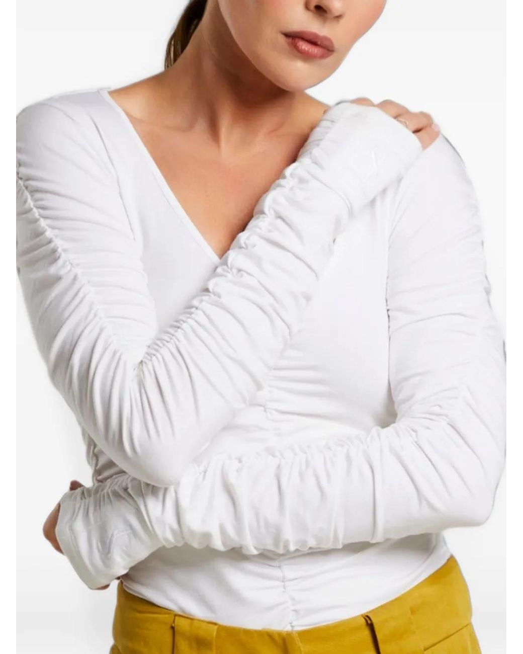 LIZ SKORSIS White Viva Scoop Ruched Top