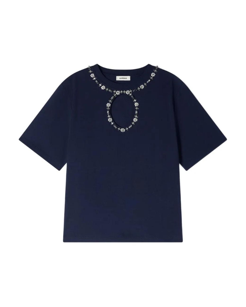 Sandro Blue Rhinestone Openwork T-Shirt