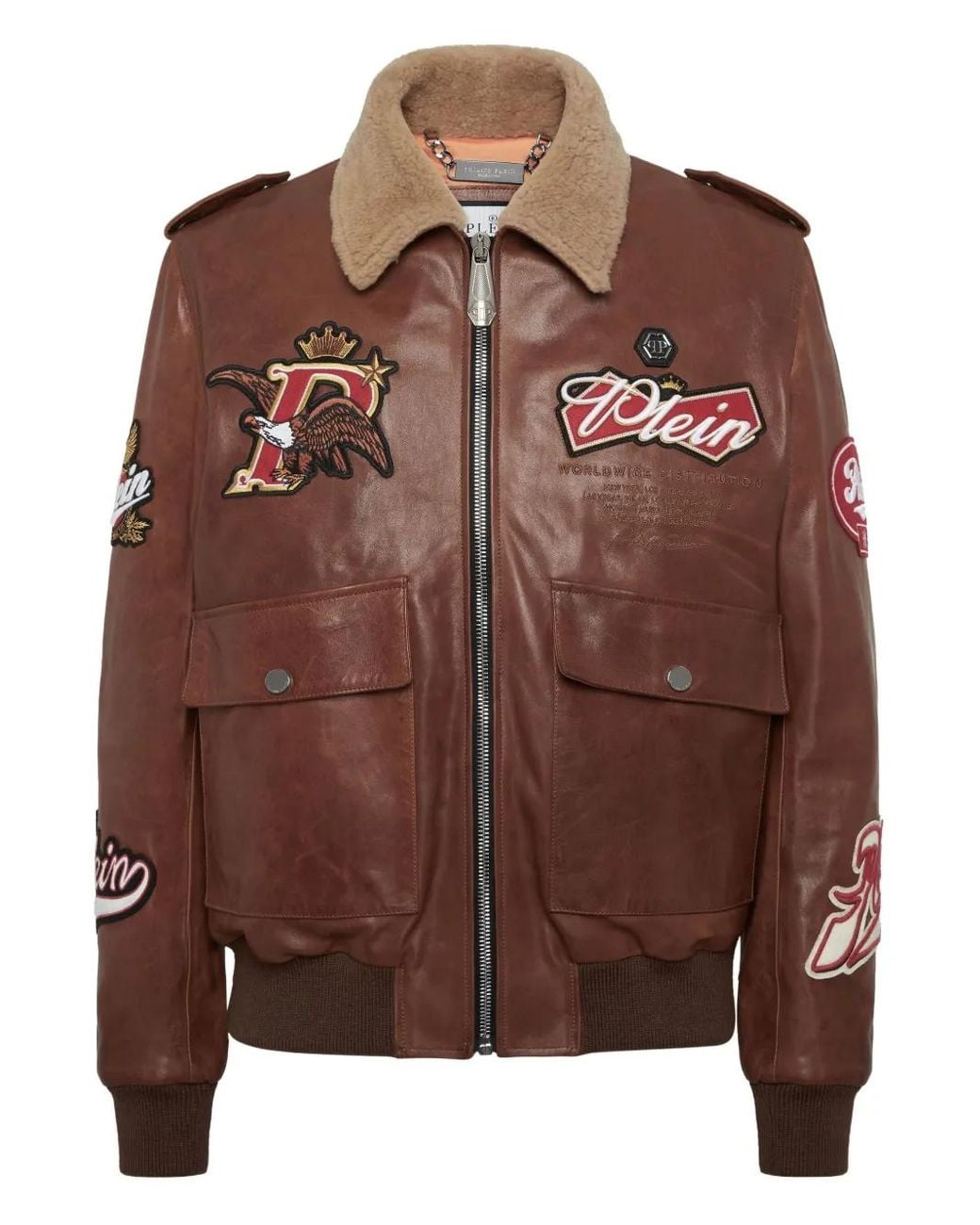 Philipp Plein Brown Nappa Leather And Shearling Aviator Jacket Beers for men