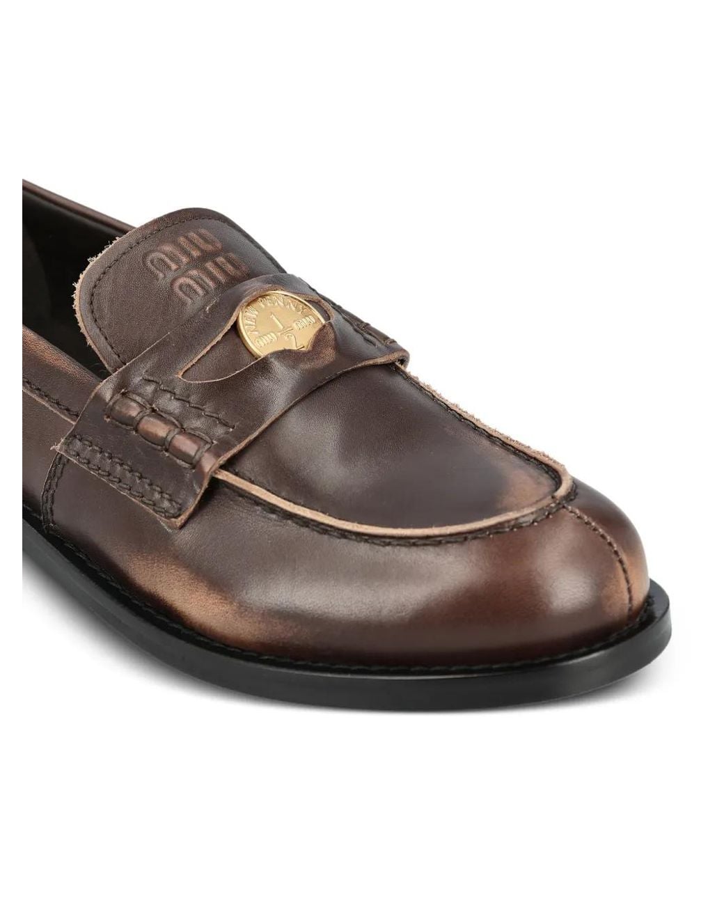 Miu Miu Brown Coin-Detail Burnished-Leather Loafers