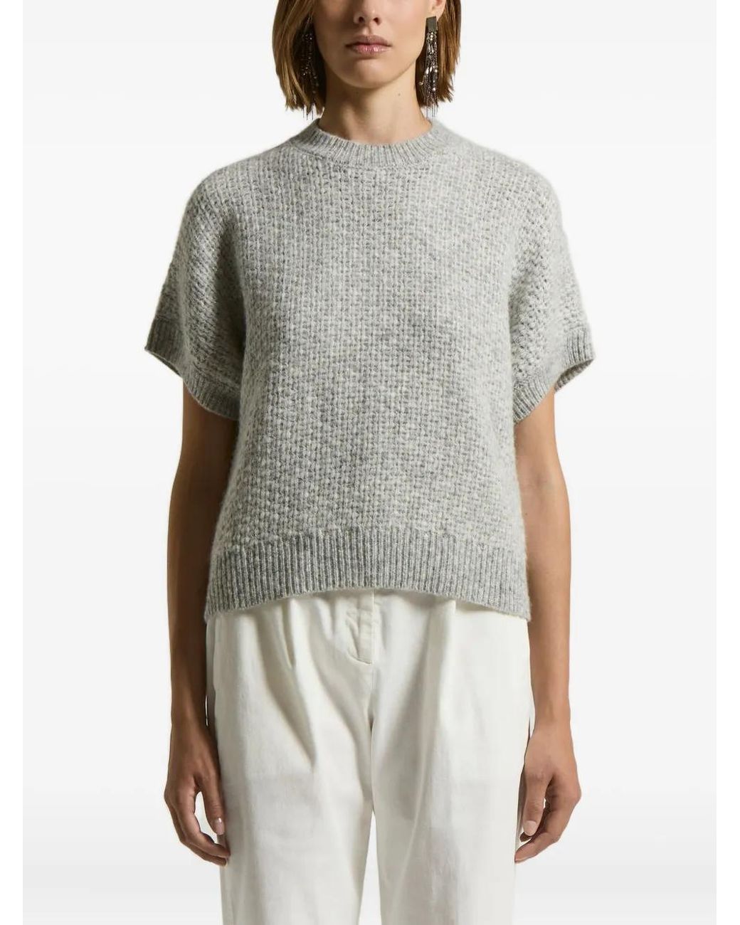 Peserico Gray Round-Neck Short-Sleeve Sweater