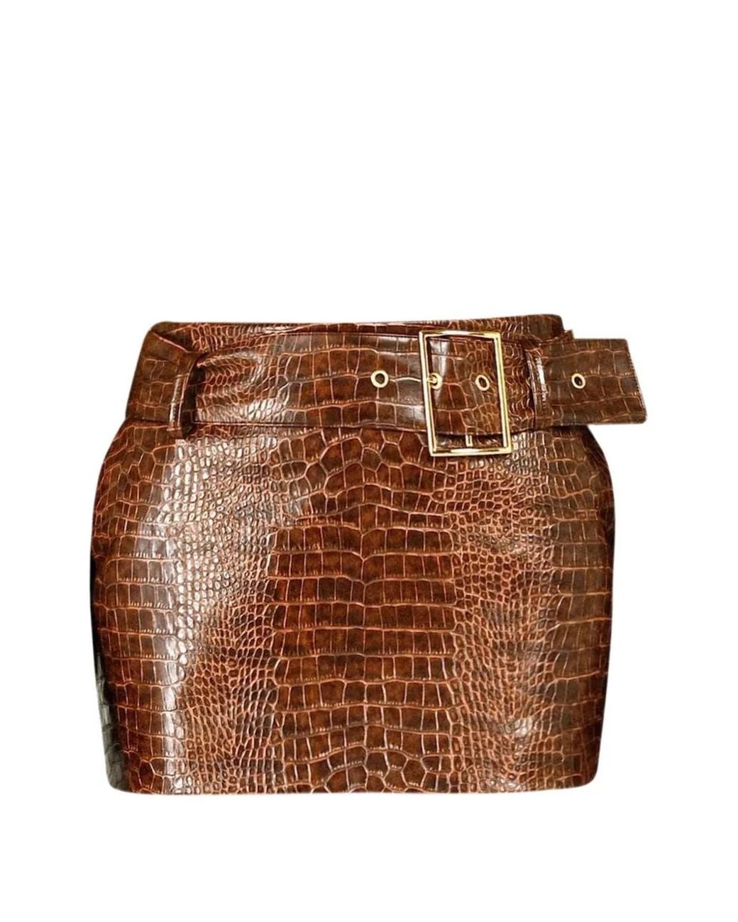ROWEN ROSE Brown Croco-Effect Belted Mini Skirt