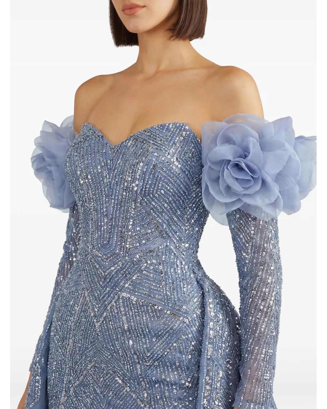 Gatti Nolli by Marwan Blue Off-Shoulder Sequin-Embellished Gown