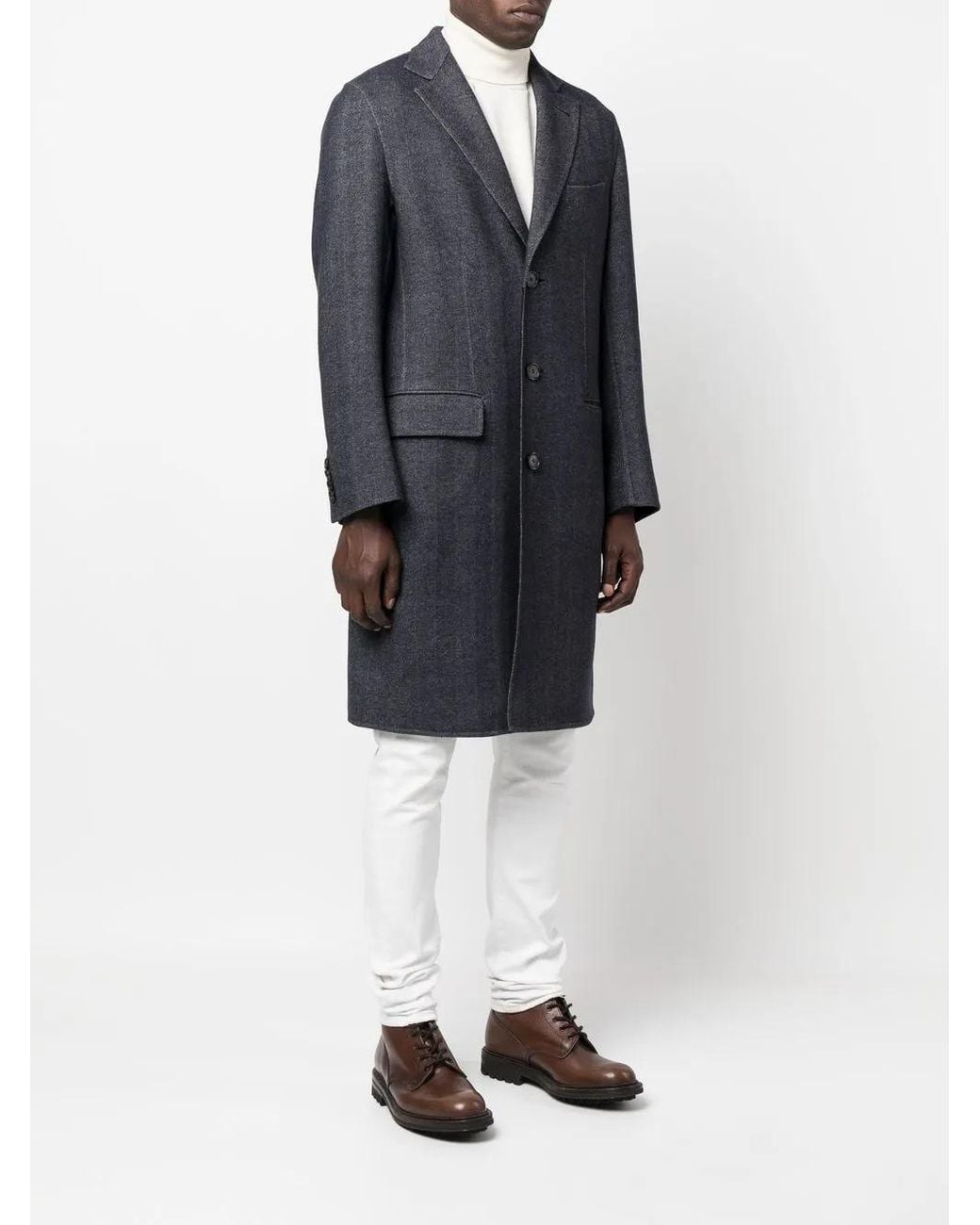 Brioni Blue Single-Breasted Wool Coat for men