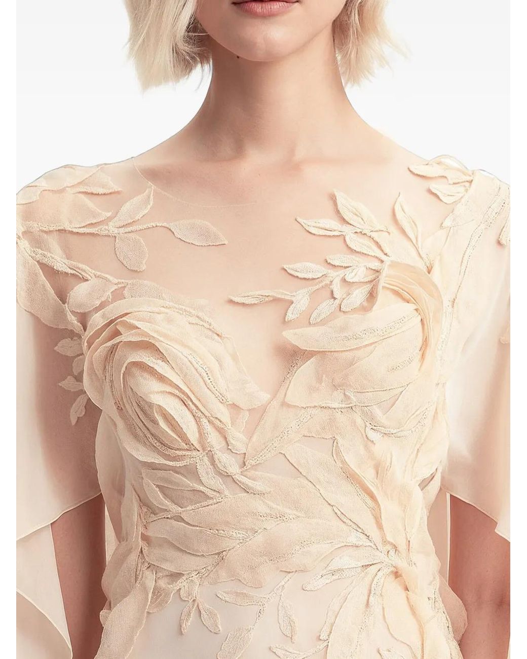 Gemy Maalouf Natural Embroidered Ruffled-Sleeve Dress