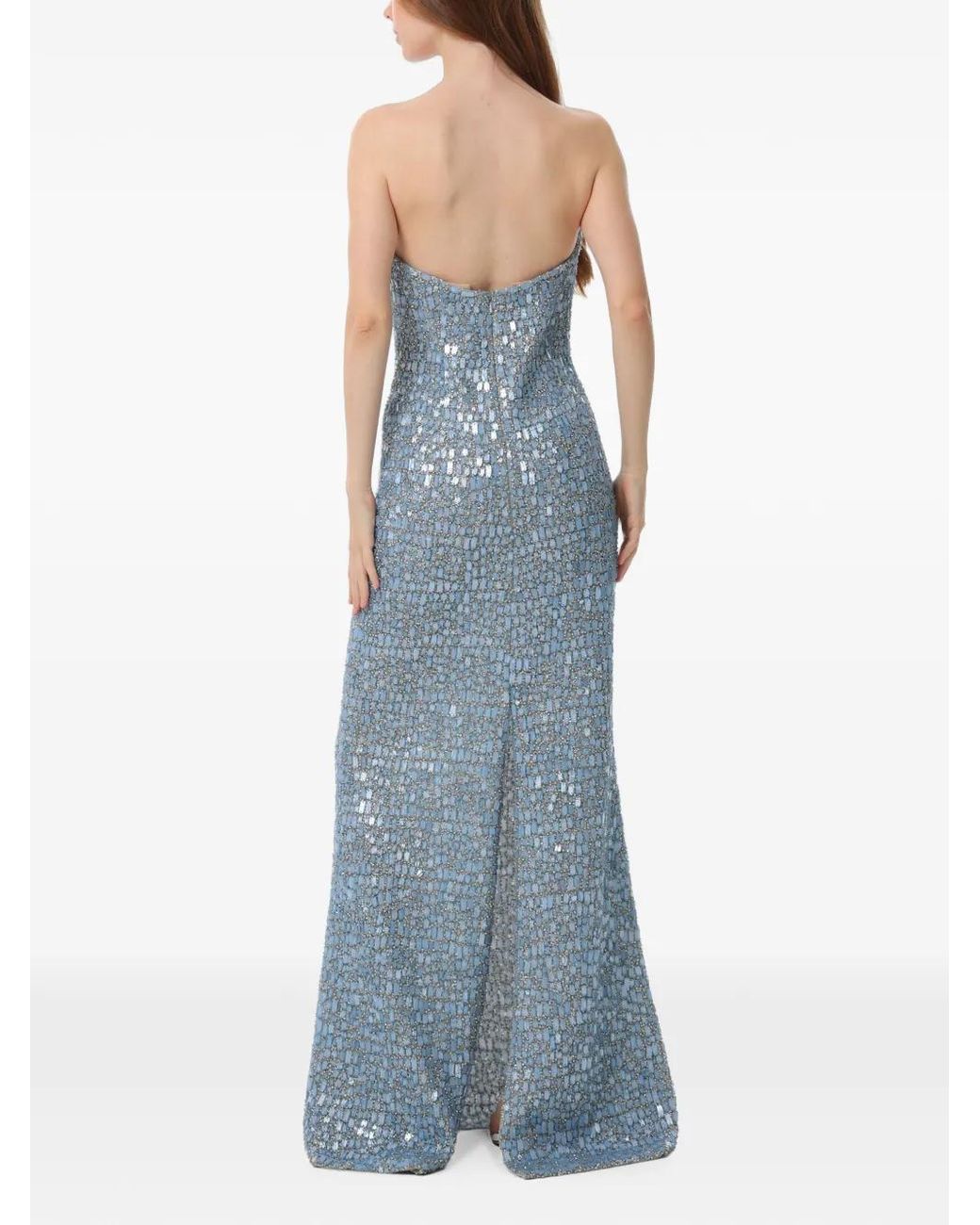 Dina Melwani Blue Crystal-Embellished Mesh Maxi Dress