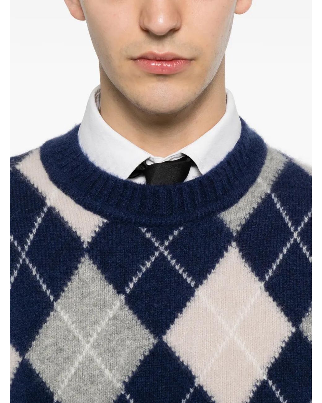Eleventy Blue Long-Sleeve Argyle-Knit Sweater for men
