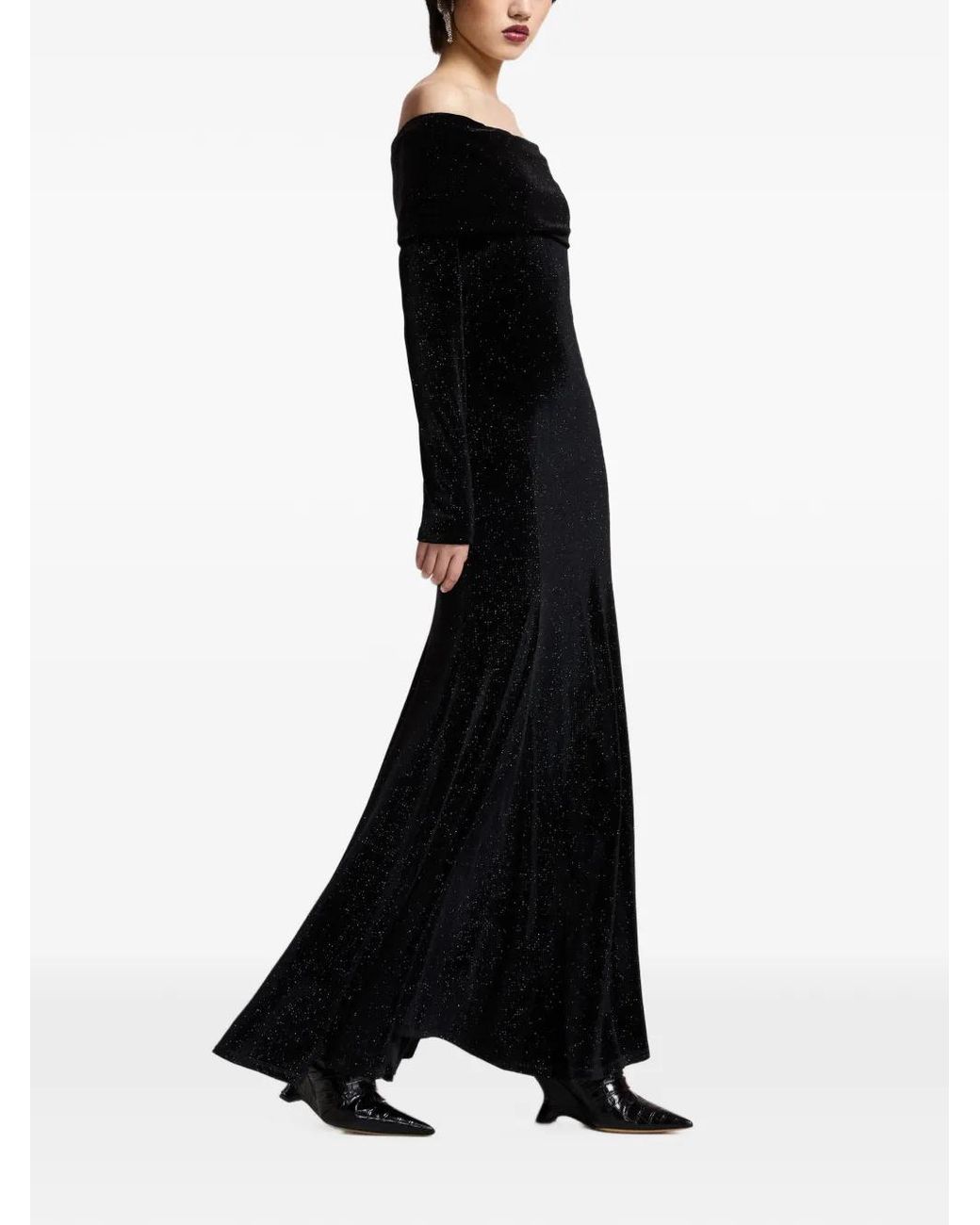 Essentiel Antwerp Black Kellissimo Glitter-Finish Off-Shoulder Flared Maxi Dress