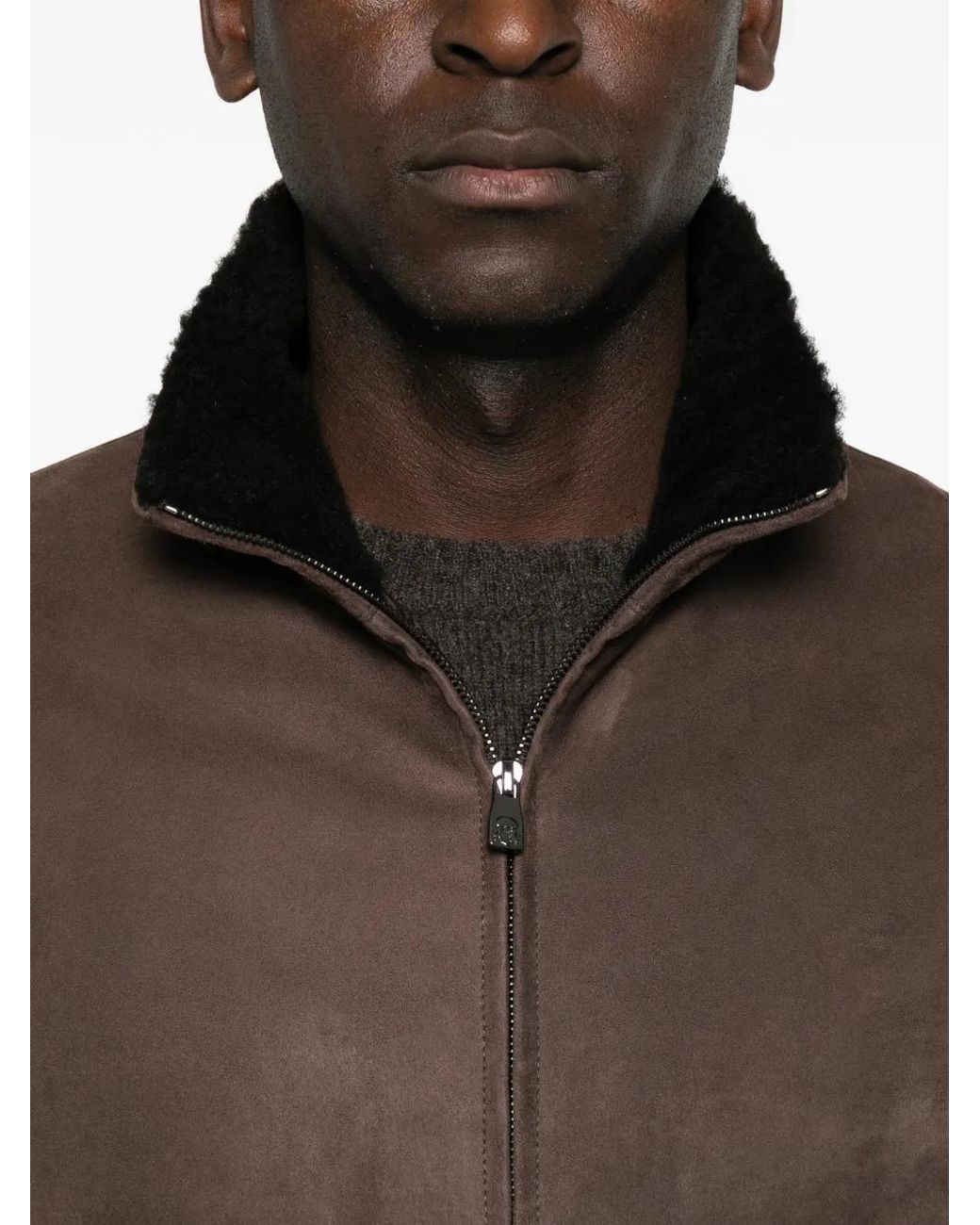Corneliani Brown Shearling-Collar Suede Jacket for men