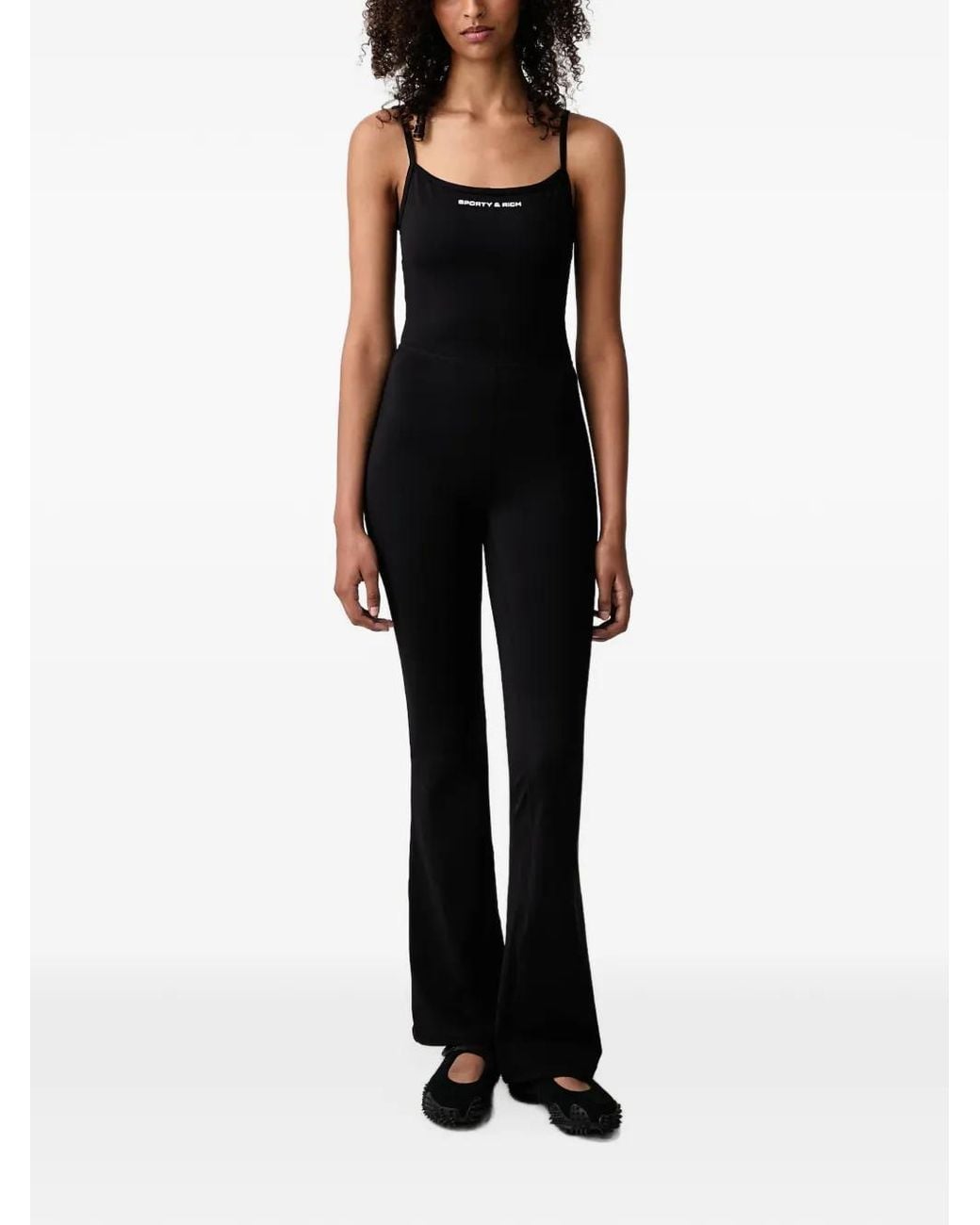 Sporty & Rich Black Joan Bold Logo-Print Flared Jumpsuit