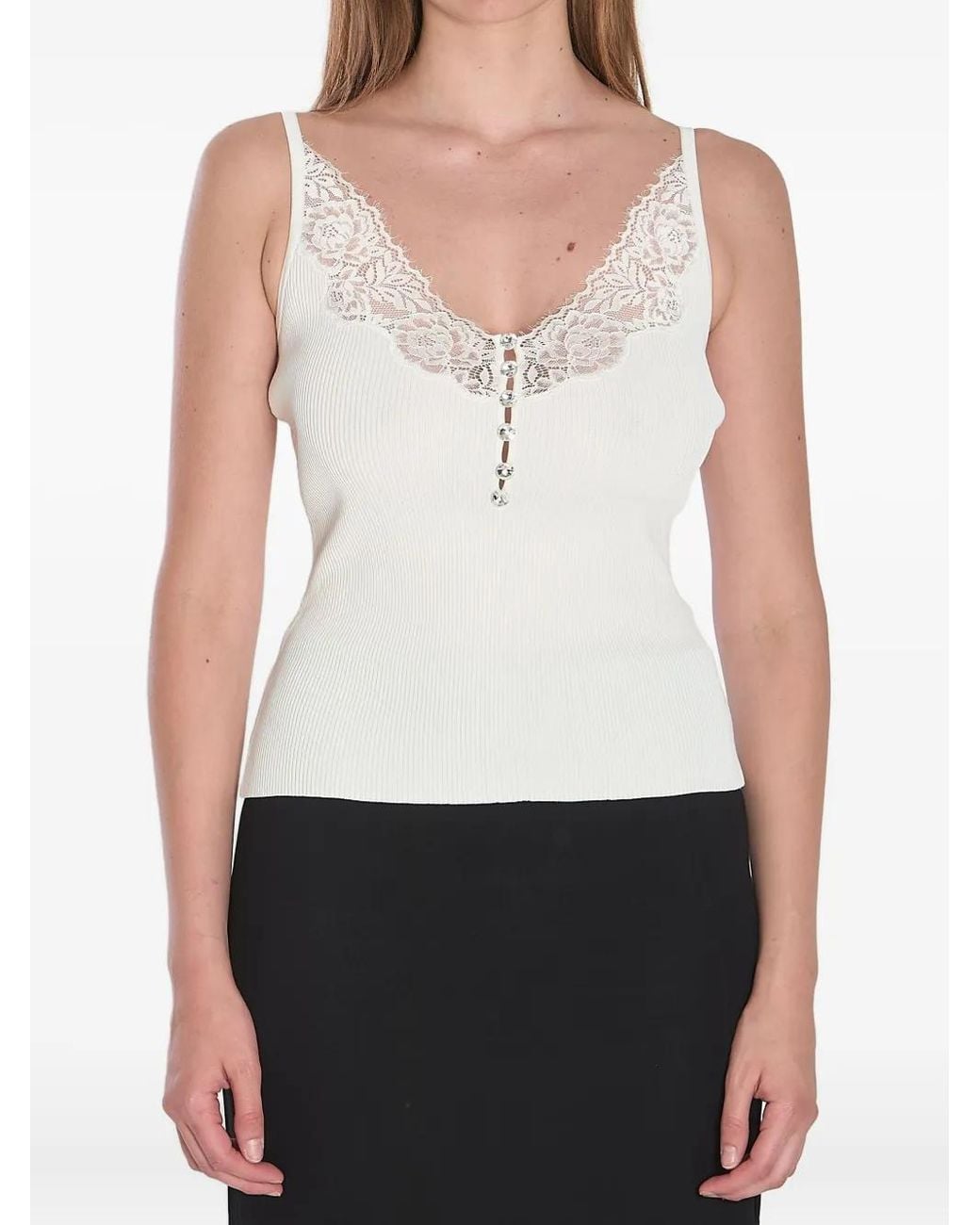 Self-Portrait White Lace Trim Rib Knit Top