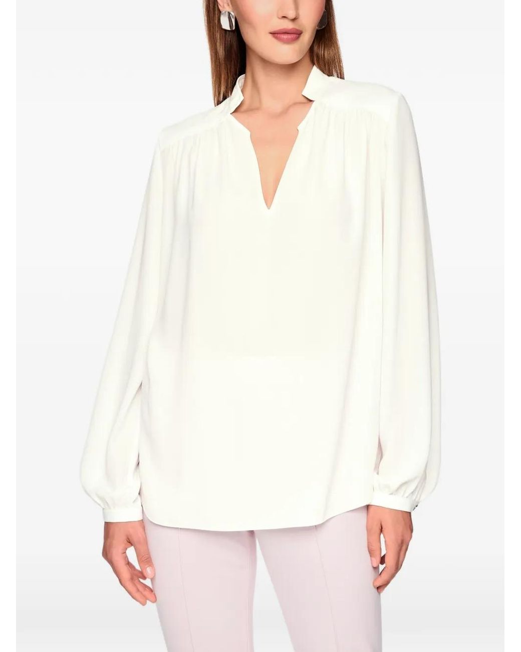 Marc Cain White Button-Cuff Pleated Blouse
