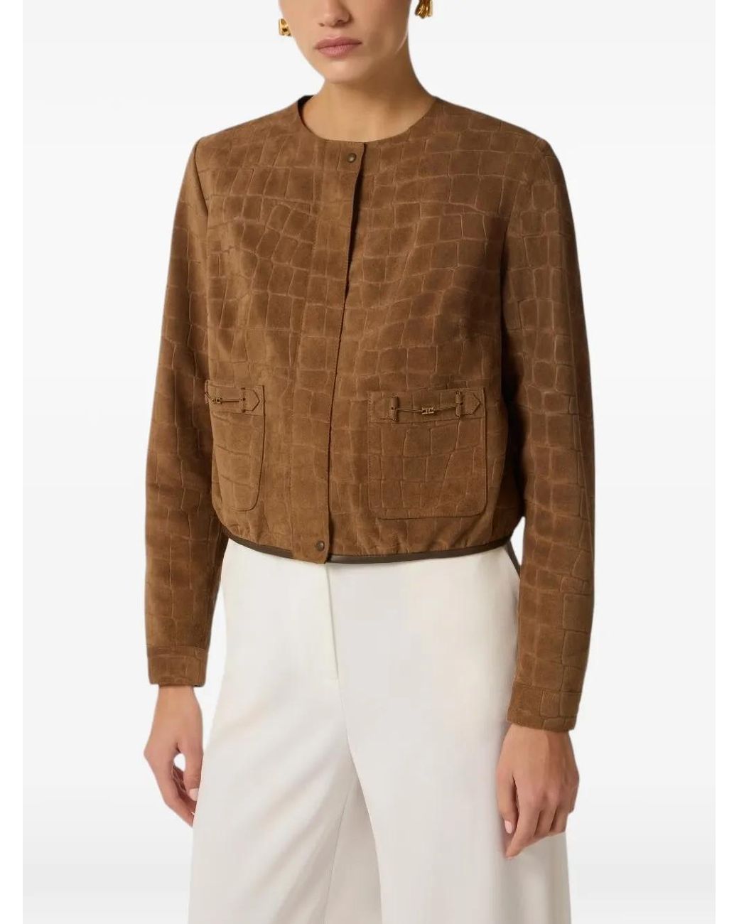 Elisabetta Franchi Brown Veste En Daim À Imprimé Alligator