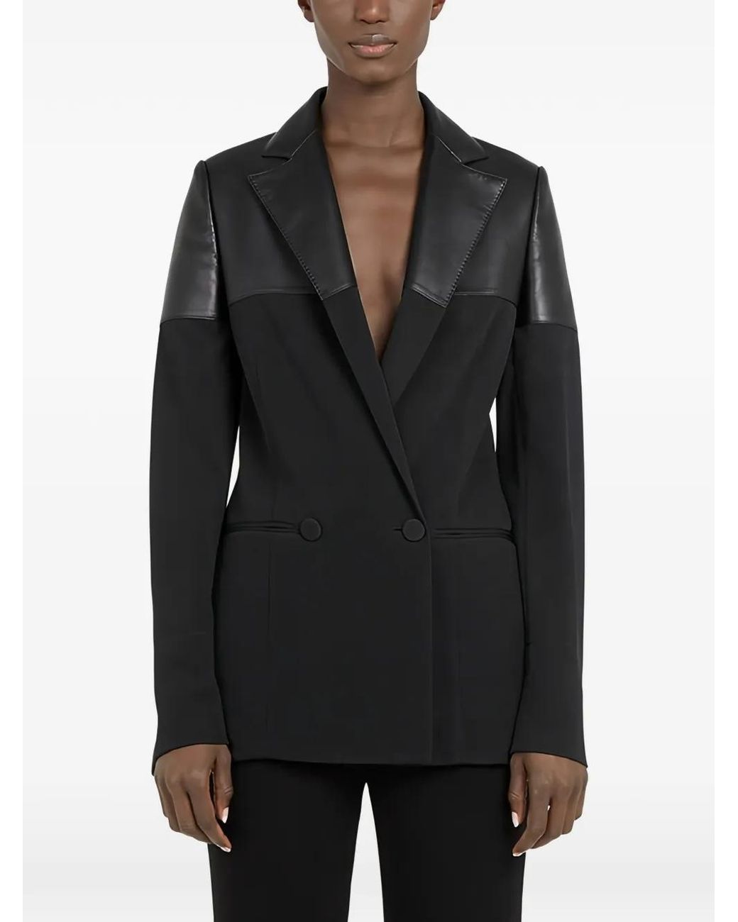 Ferragamo Black Leather-Panelled Double-Breasted Blazer