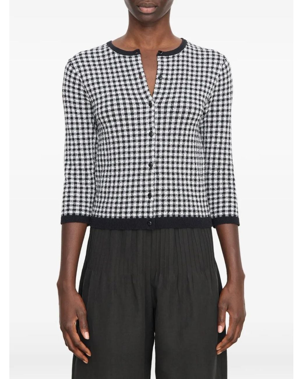 Vince Black Gingham-Knit Three-Quarter-Sleeve Cardigan