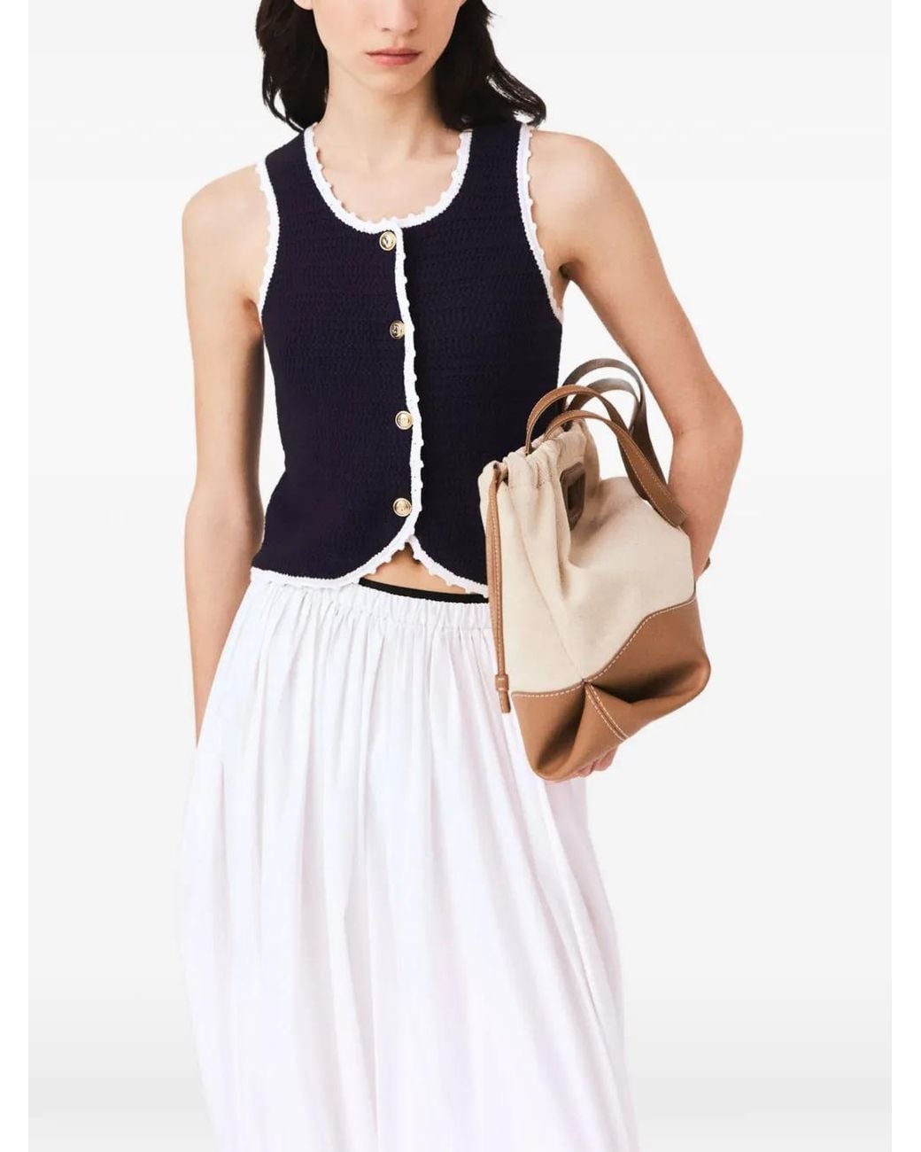 Maje Blue Knit Top With Crochet Trim