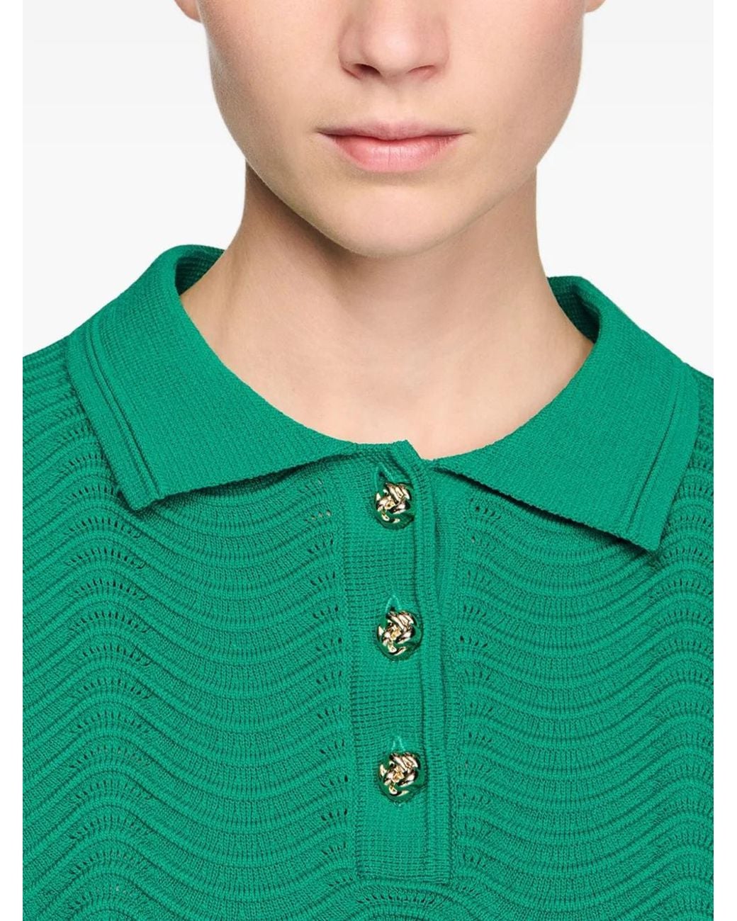 Sandro Green Decorative Knit Polo-Neck Sweater