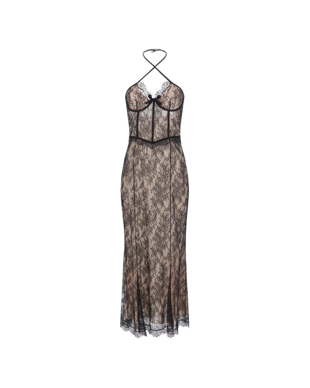 Alessandra Rich White Maxi Chantilly Lace-Overlay Halterneck Dress