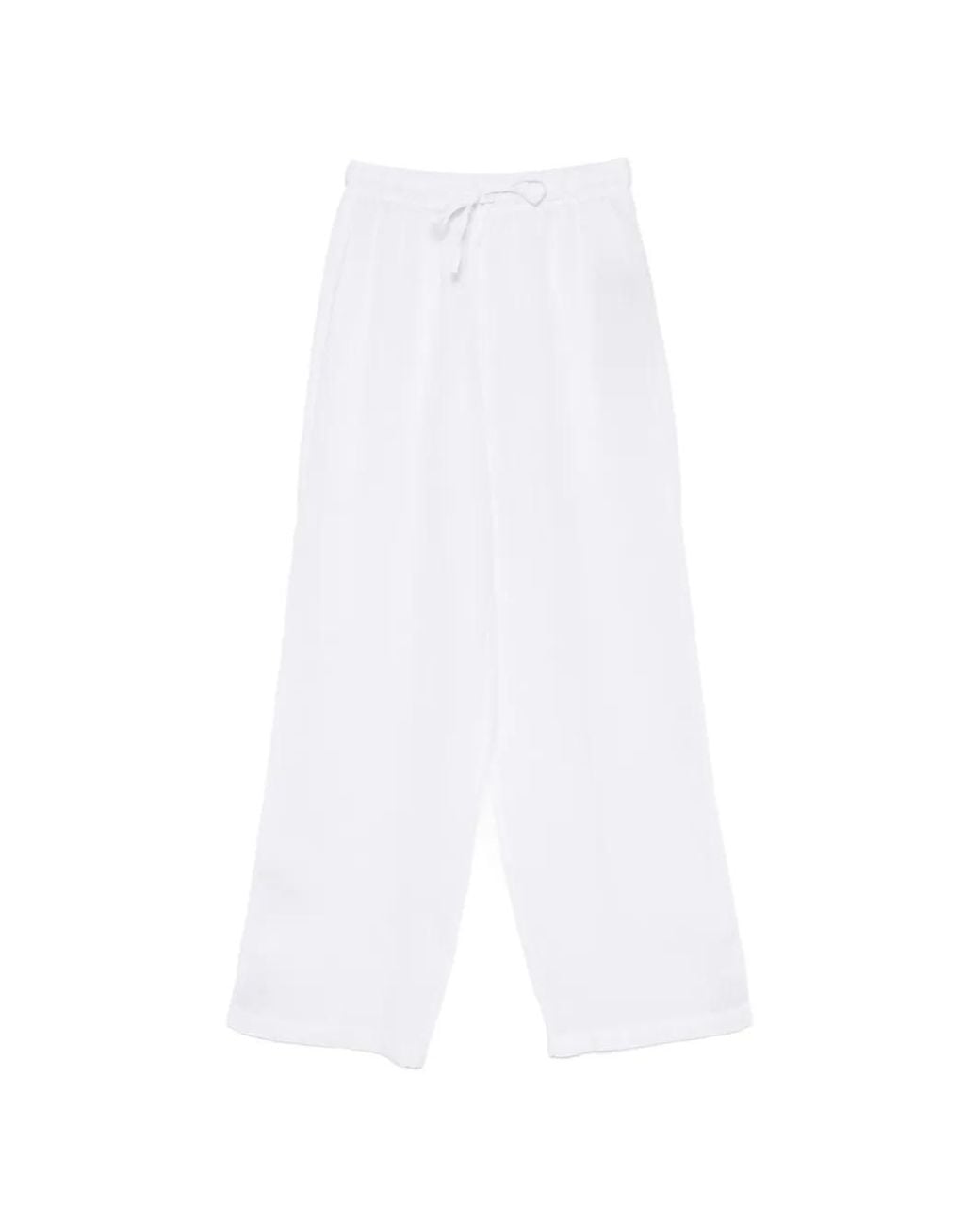 120% Lino White Drawstring Wide-Leg Trousers