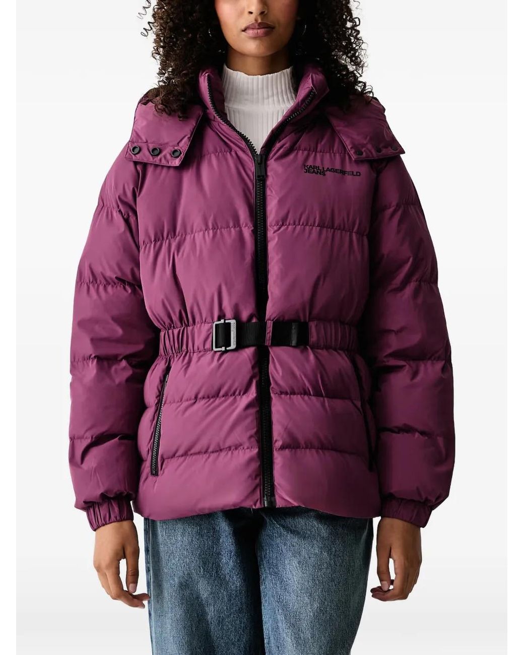 Karl Lagerfeld Purple Belted Hooded Puffer Jacket
