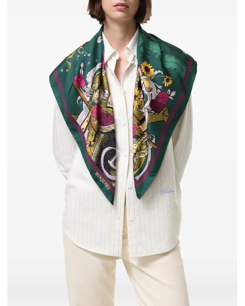 Burberry Green Etched Knight Silk Scarf