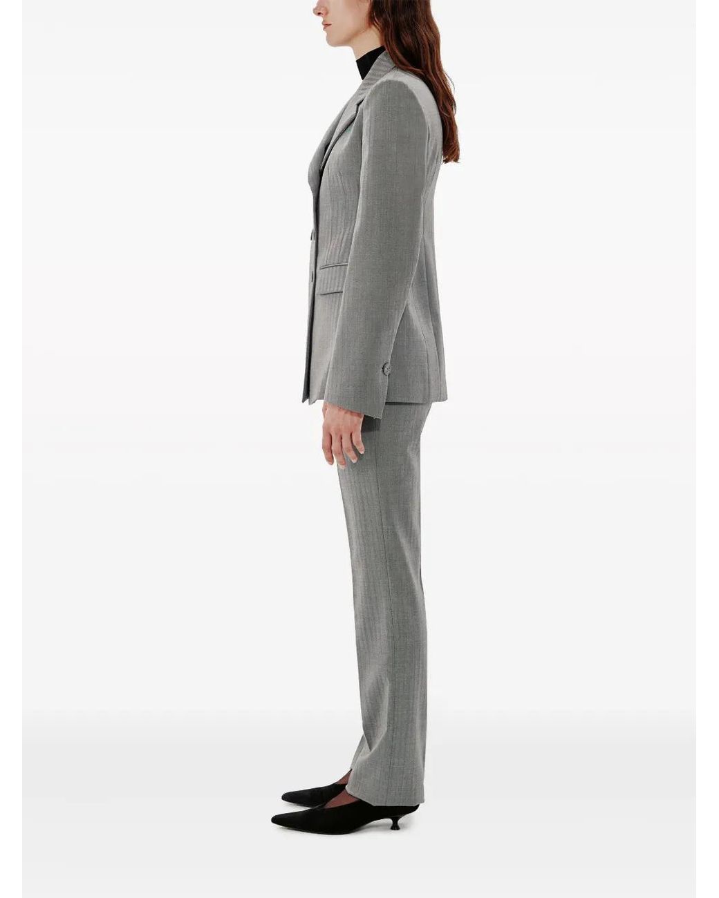 Another Tomorrow Gray Herringbone Double-Breasted Blazer