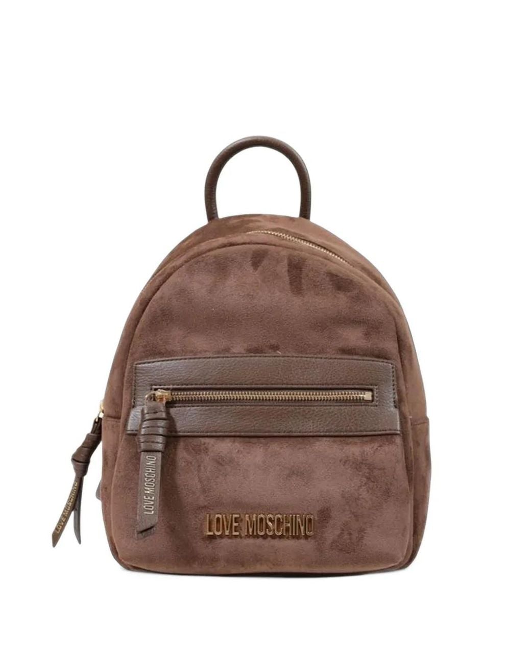 Love Moschino Brown Logo-Plaque Faux-Suede Backpack
