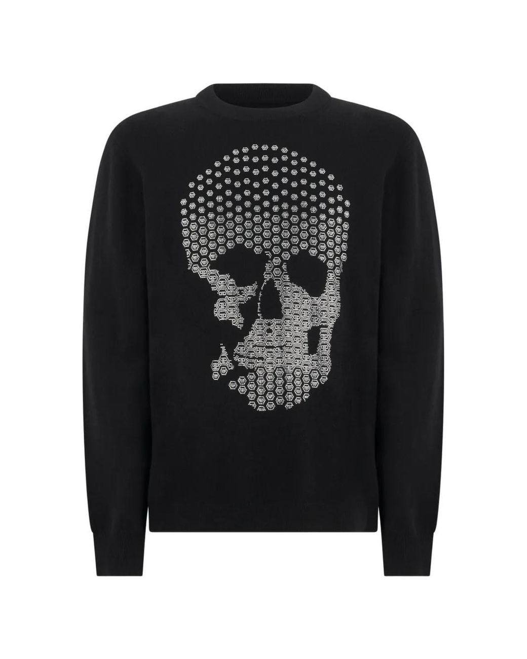 Philipp Plein Black Cashmere Roundneck Pullover Skull Strass for men