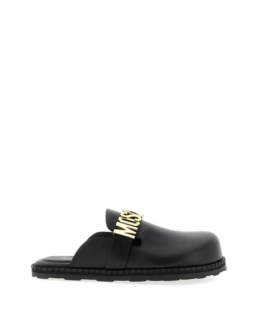 Mules Lettering Moschino Metal-Lettering Leather Mules in Black | Lyst