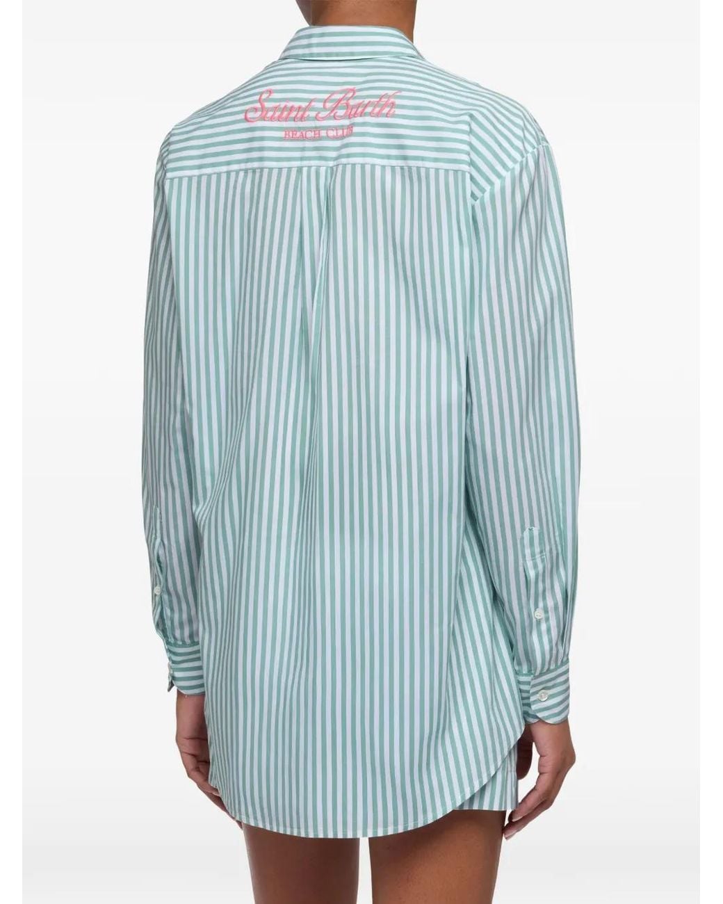 Mc2 Saint Barth Blue Brigitte Striped-Print Cotton Shirt With Beach Club Embroidery