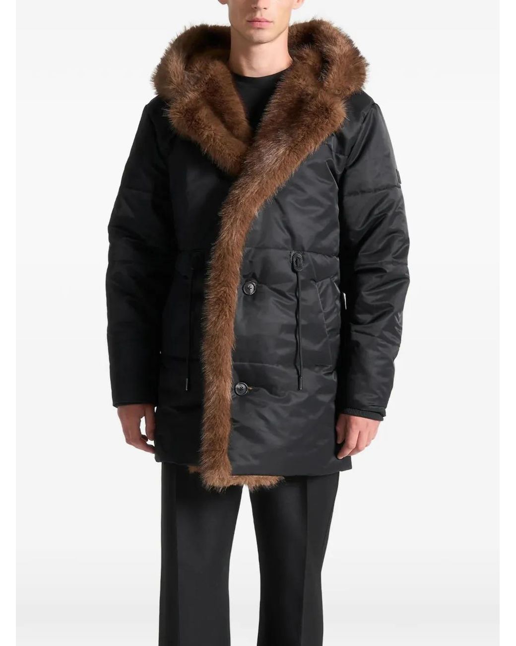 Manière De Voir Black Faux-Fur Parka Coat for men