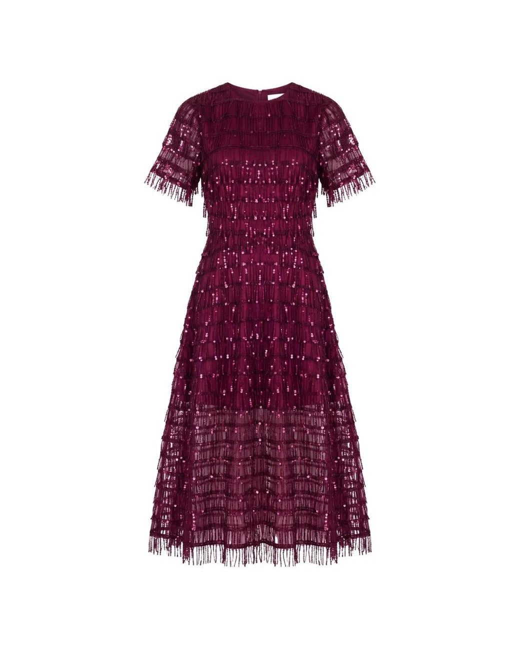 POST MERIDIEM Purple Sequin-Embellished Fringed Midi Dress