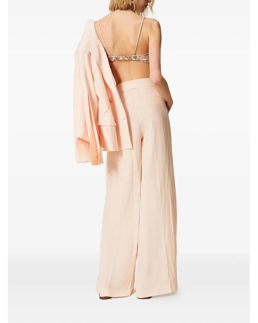 Twinset White Linen Blend Wide-Leg Trousers