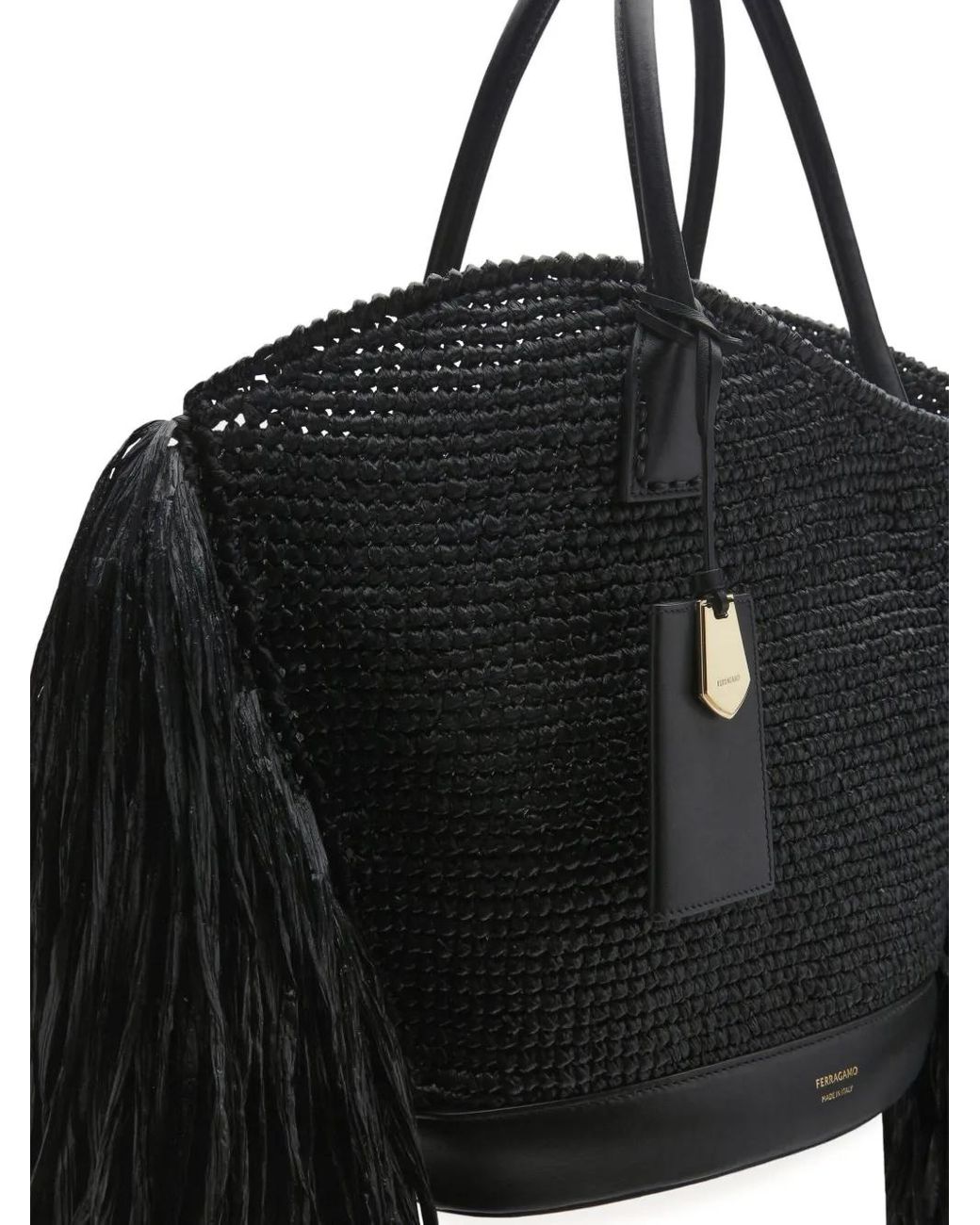 Ferragamo Black Fringed Raffia Tote Bag