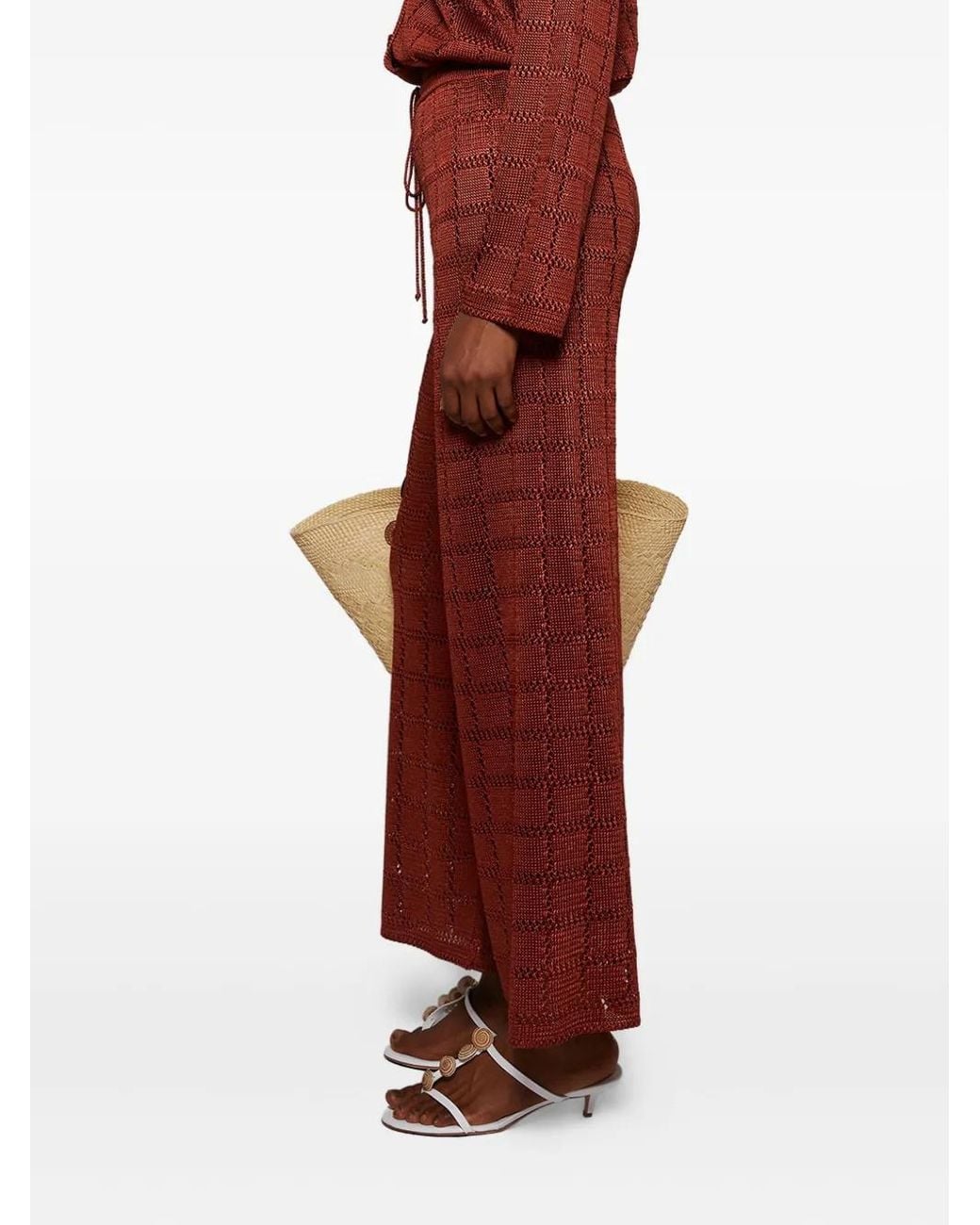 Calle Del Mar Red Grid-Pattern Knitted Trousers