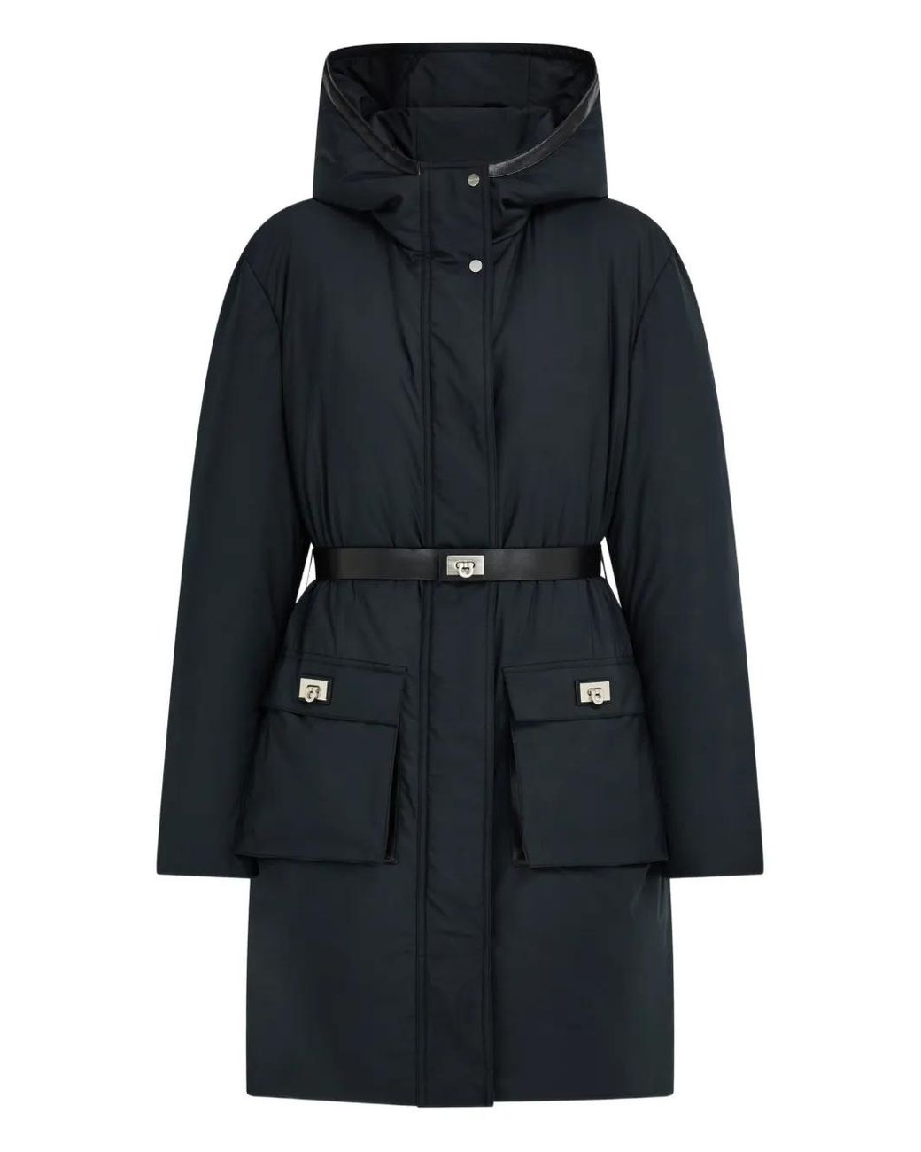 Ferragamo Black Hooded Belted Parka