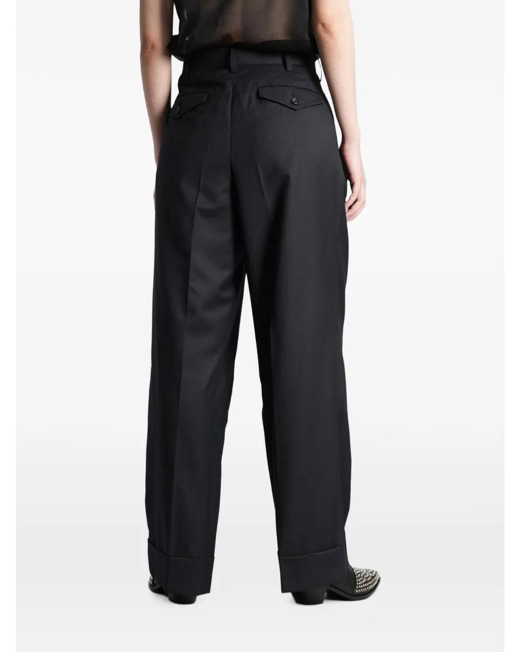 Junya Watanabe Black Pinstripe-Pattern Turn-Up Trousers