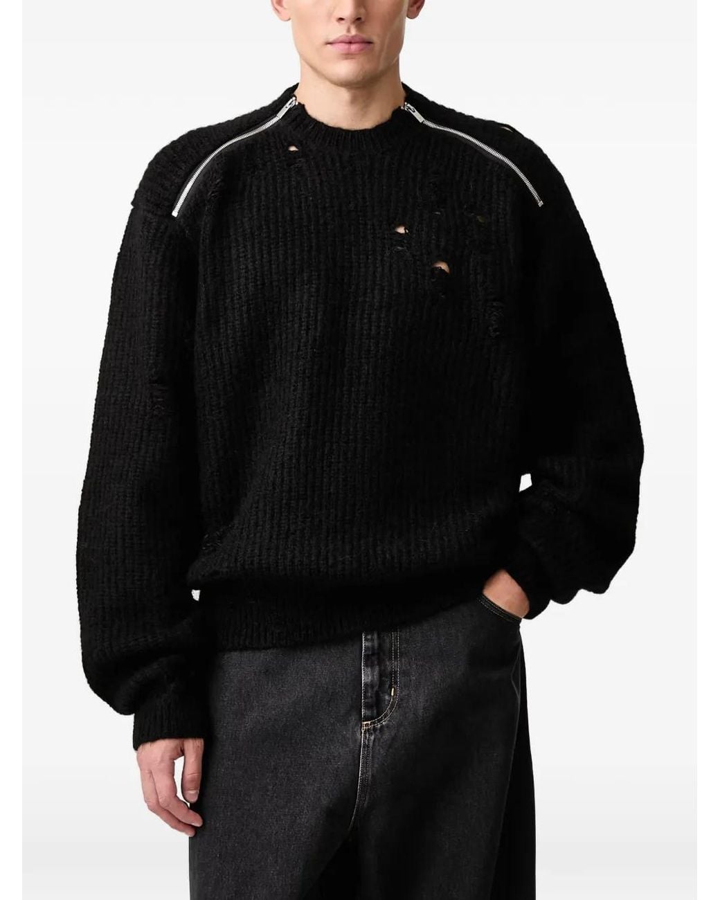 HELIOT EMIL Black Distressed Zip-Detail Sweater for men