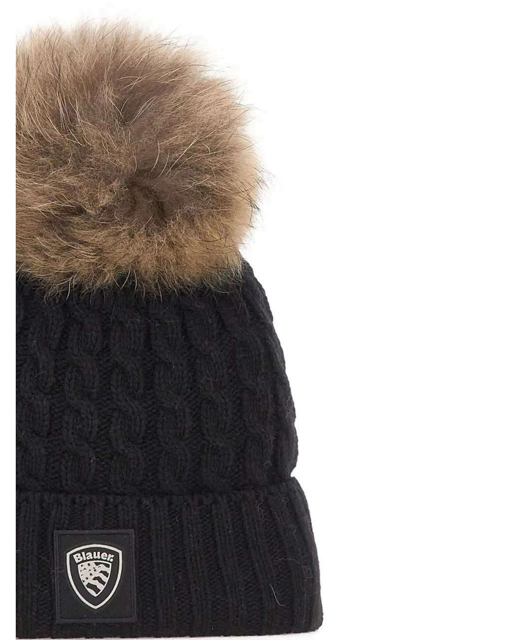 Blauer White Beanie Mit Zopfstrickmuster
