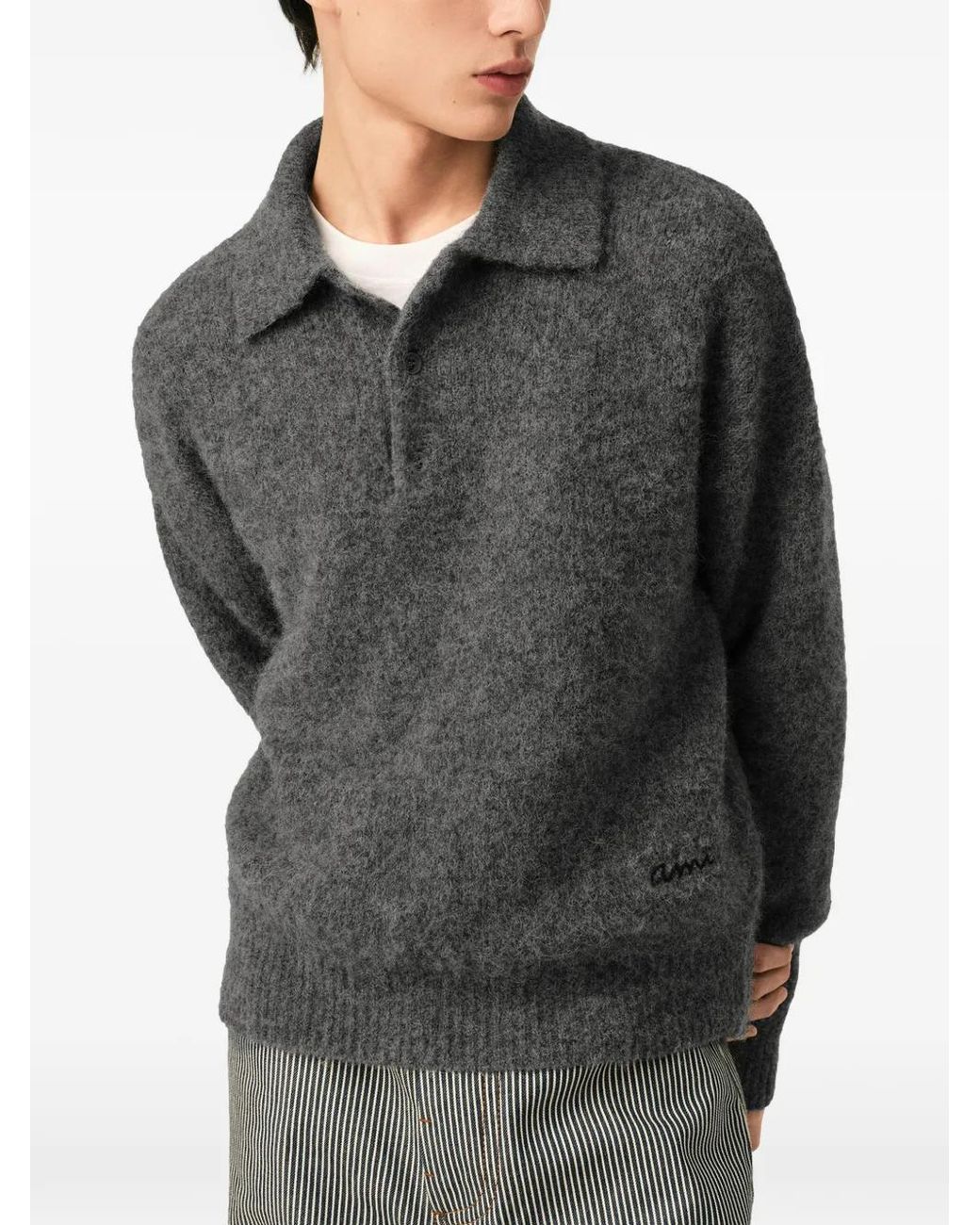 AMI Gray Wool And Alpaca Polo With Ami Embroidery for men