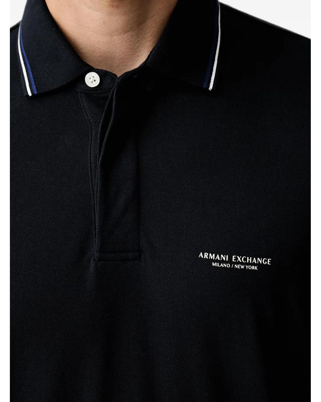 ARMANI EXCHANGE Black Logo-Print Tipped Polo Shirt for men